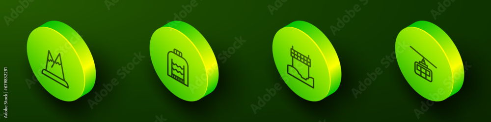 Set Isometric line Mountains, Christmas sweater, Ribbon finishing line and Cable car icon. Vector Set Isometric line Mountains, Christmas sweater, Ribbon finishing line and Cable car icon. Vector