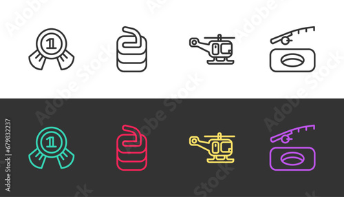 Set line Medal, Stone for curling, Rescue helicopter and Winter fishing on black and white. Vector