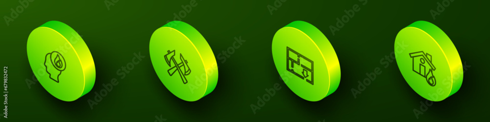 Set Isometric line Firefighter, axe, Evacuation plan and in burning house icon. Vector Set Isometric line Firefighter, axe, Evacuation plan and in burning house icon. Vector