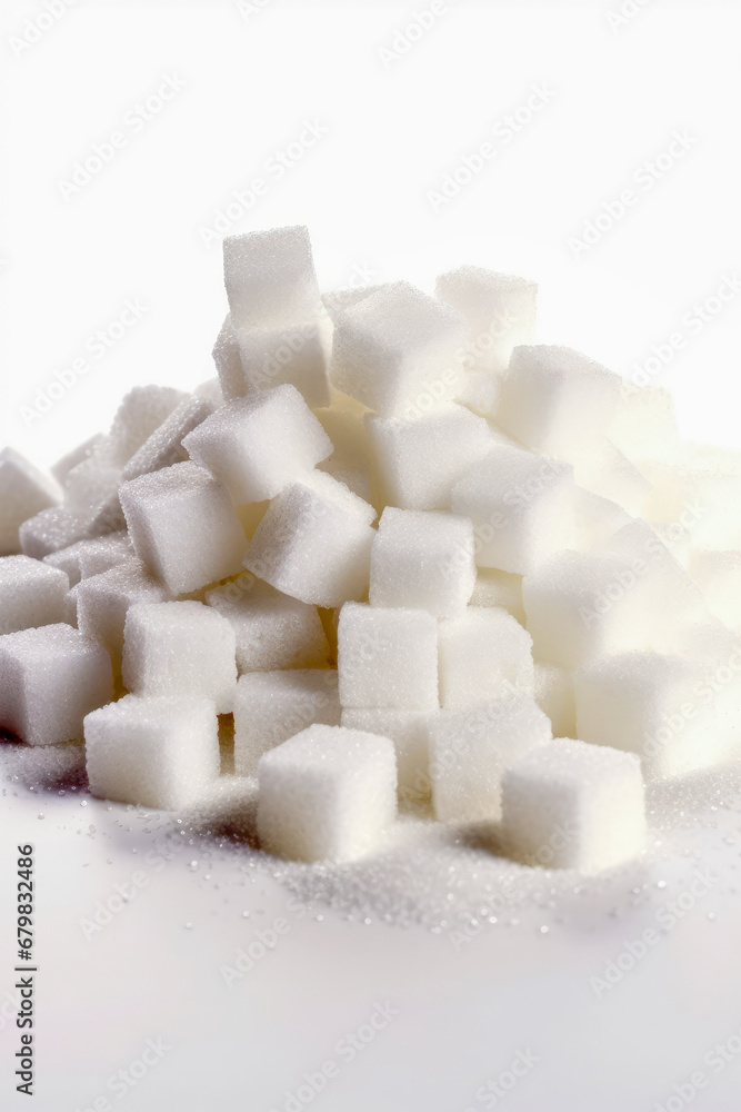 Lumps of white sugar, piled up on a white background. Generative AI.
