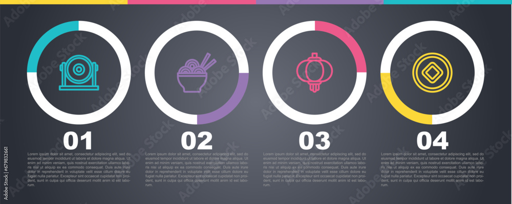 Set line Gong, Asian noodles in bowl, Chinese paper lantern and Yuan currency. Business infographic template. Vector Set line Gong, Asian noodles in bowl, Chinese paper lantern and Yuan currency. Business infographic template. Vector