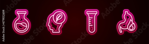 Set line Test tube and flask, Human head with leaf inside, and Stomach heartburn. Glowing neon icon. Vector