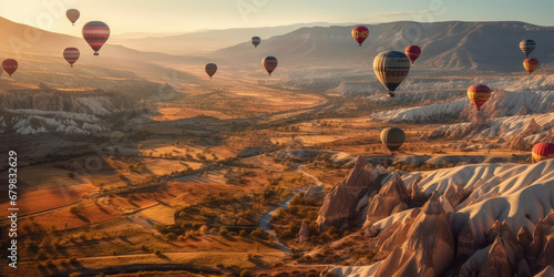 Balloon trips over Cappadocia in central Turkey. Generative AI. photo