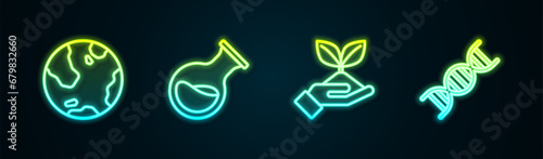 Set line Earth globe, Test tube and flask, Plant in hand and DNA symbol. Glowing neon icon. Vector