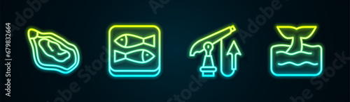 Set line Mussel, Canned fish, Fishing harpoon and Whale tail ocean wave. Glowing neon icon. Vector