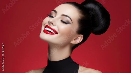 Portrait of a beautiful vamp woman with bright red lips. Advertising photography.