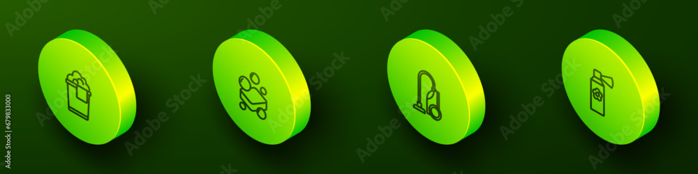 Set Isometric line Bucket with foam, Bar of soap, Vacuum cleaner and Air freshener spray bottle icon. Vector Set Isometric line Bucket with foam, Bar of soap, Vacuum cleaner and Air freshener spray bottle icon. Vector