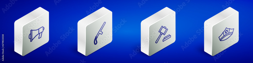 Set Isometric line Megaphone, Police rubber baton, Judge gavel and cap with cockade icon. Vector Set Isometric line Megaphone, Police rubber baton, Judge gavel and cap with cockade icon. Vector