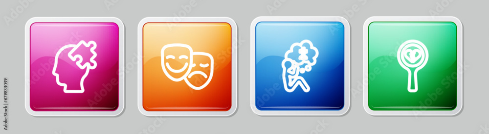 Set line Solution to the problem, Comedy and tragedy masks, Man graves funeral sorrow and Broken heart divorce. Colorful square button. Vector Set line Solution to the problem, Comedy and tragedy masks, Man graves funeral sorrow and Broken heart divorce. Colorful square button. Vector