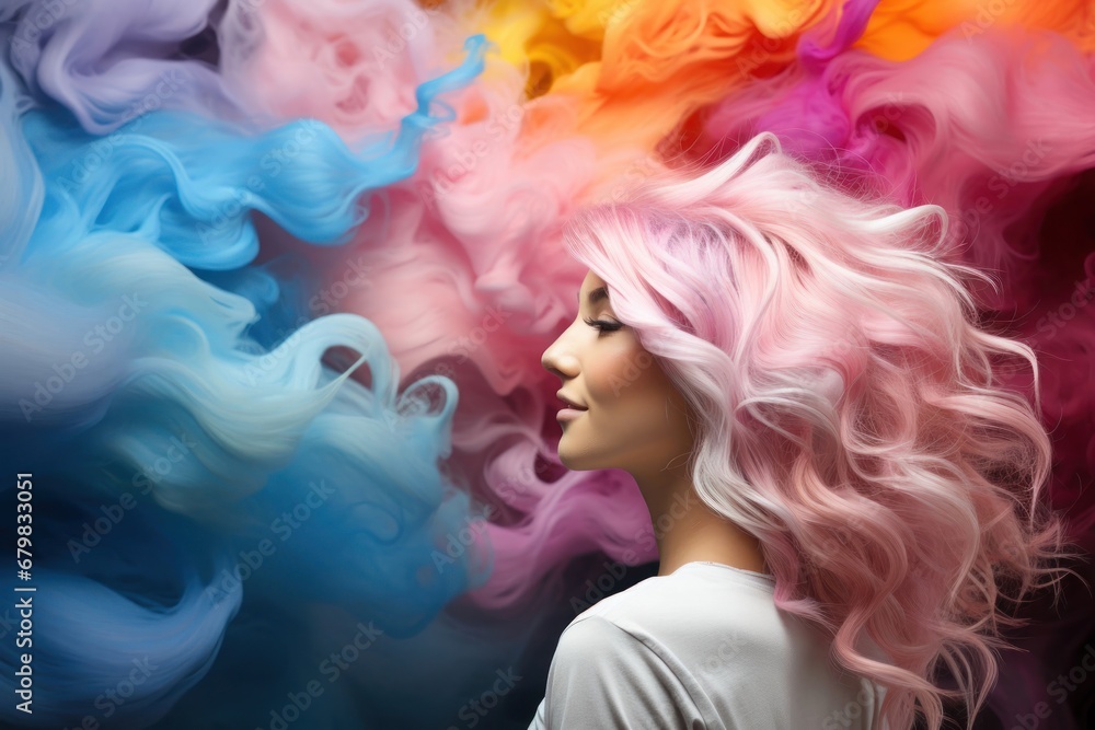 Woman with Vibrant Pink Hair Surrounded by a Whimsical Cloud of Generative AI