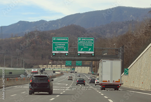 Italian highways with the road sign for the road deviation between the new road called VARIANTE DI VALICO which connects Florence with Rome photo