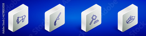 Set Isometric line Megaphone, Police rubber baton, Judge gavel and cap with cockade icon. Vector