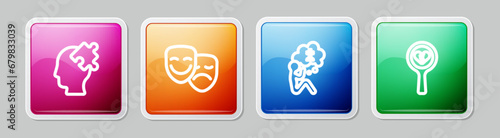 Set line Solution to the problem, Comedy and tragedy masks, Man graves funeral sorrow and Broken heart divorce. Colorful square button. Vector
