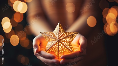 Hands in cozy sweater holding brilliant enlightened christmas star on foundation of in vogue beautified christmas tree with brilliant lights in evening room air mysterious eve merry christmas