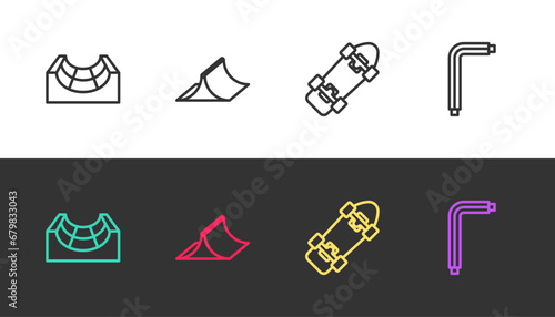 Set line Skate park, , Skateboard and Tool allen keys on black and white. Vector