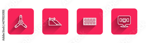Set line Skateboard Y-tool, park, wheel and with long shadow. Red square button. Vector