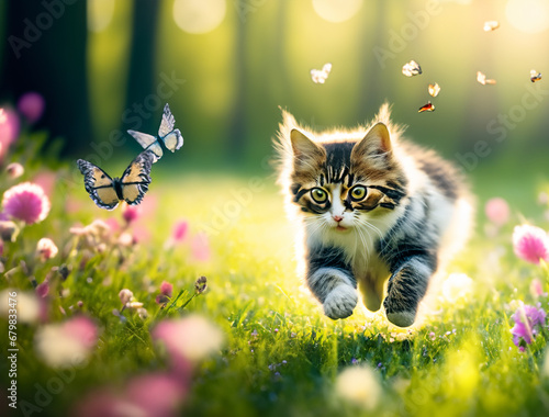 cheerful kitten on a summer meadow
