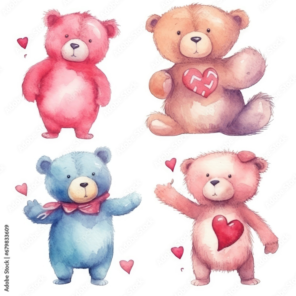 set Funny love bears valentines day of watercolors on white background set Funny love bears valentines day of watercolors on white background