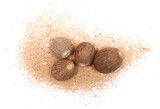 Milled nutmeg powder isolated on white, top view