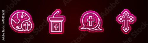 Set line Christian cross with globe, Church sermon tribune, and . Glowing neon icon. Vector