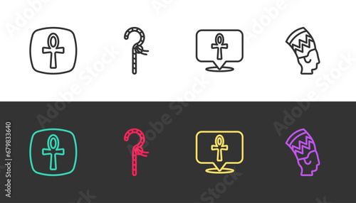 Set line Cross ankh, Crook, and Nefertiti on black and white. Vector