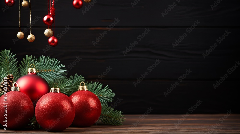 Ruddy glass balls green spruce branches ans duplicate space christmas and new year Ruddy glass balls green spruce branches ans duplicate space christmas and new year