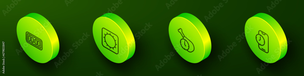 Set Isometric line Digital alarm clock, Sun, Food time and Alarm app mobile icon. Vector Set Isometric line Digital alarm clock, Sun, Food time and Alarm app mobile icon. Vector