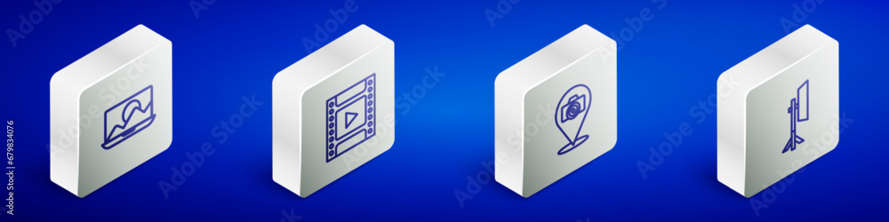 Set Isometric line Photo retouching, Camera film roll cartridge, camera and Studio light bulb softbox icon. Vector Set Isometric line Photo retouching, Camera film roll cartridge, camera and Studio light bulb softbox icon. Vector