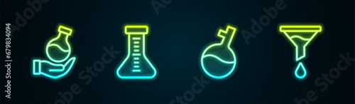 Set line Test tube, and Funnel or filter. Glowing neon icon. Vector