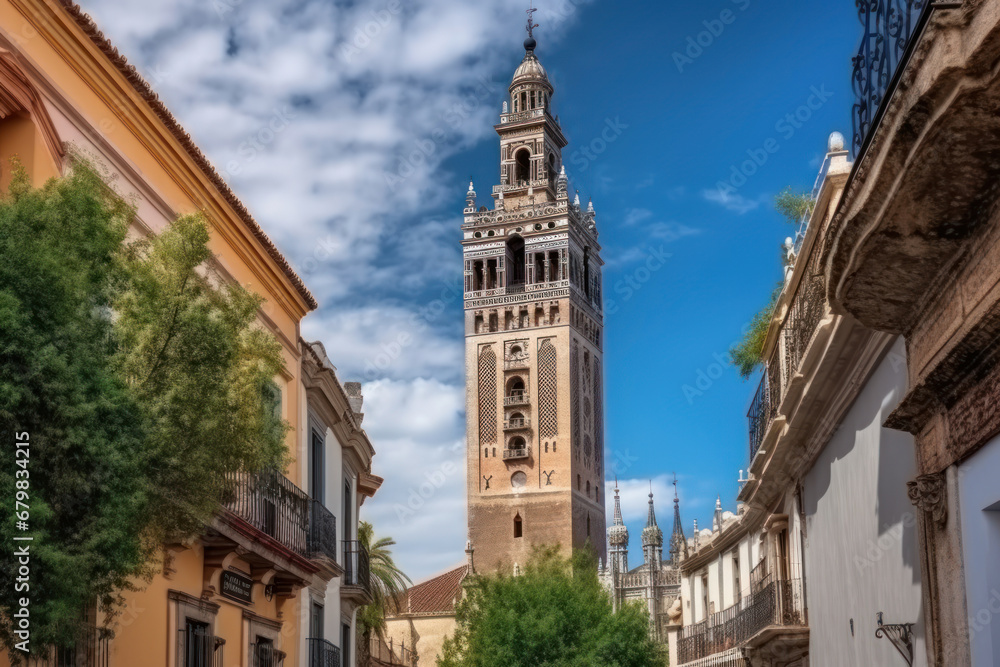 Giralda is the bell tower of the Cathedral of Santa Maria in the city of Seville, Spain. Generative AI.