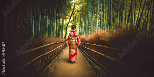 Japanese Geisha, walking through a bamboo forest. Generative AI.