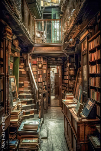 Old book store. Library with mountains of books. Generative AI.