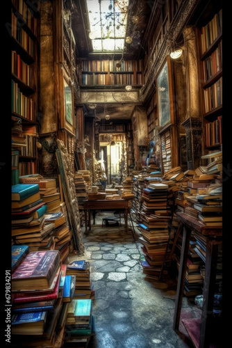 Old book store. Library with mountains of books. Generative AI.