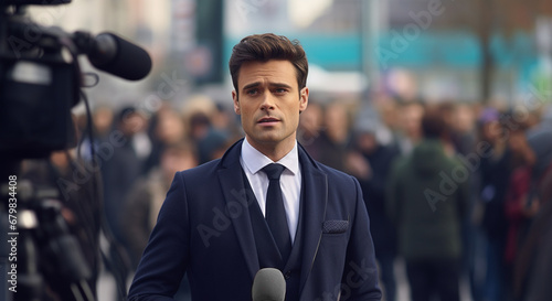 stylish male breaking news reporter in front of television camera or covering live news media and television press headlines standing in the middle of the street with microphone photo