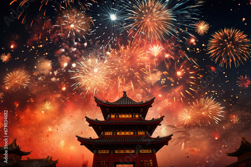 Chinese traditional temple under fireworks at night. Chinese New Year concept
