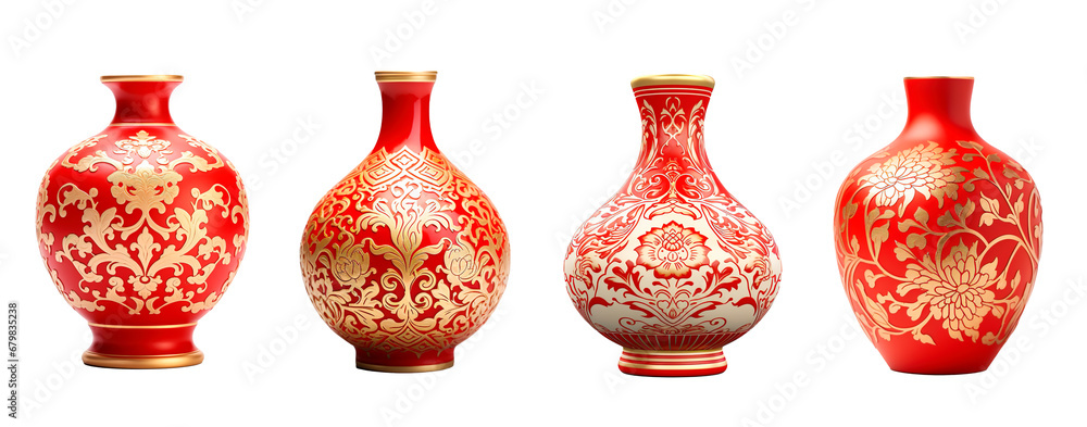 Four set of traditional Chinese vase in gold and red colors on isolated transparent background - obrazy, fototapety, plakaty 