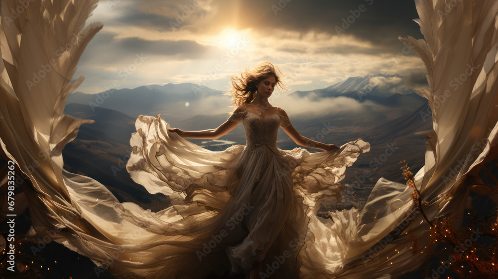 Illustration of a beautiful woman in a white wedding dress like angel wings on the background of the mountains. - obrazy, fototapety, plakaty 
