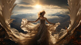 Illustration of a beautiful woman in a white wedding dress like angel wings on the background of the mountains.