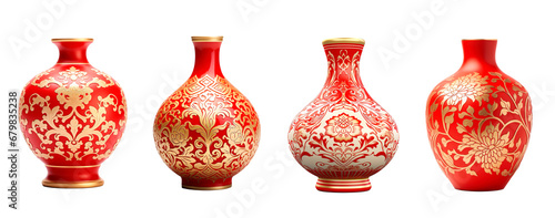 Four set of traditional Chinese vase in gold and red colors on isolated transparent background photo
