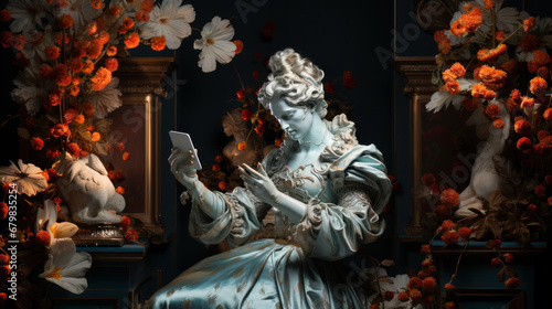 Statue of a woman with mobile phone in the interior of the house. Contemporary art collage with antique statue.