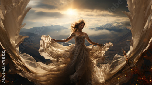 Illustration of a beautiful woman in a white wedding dress like angel wings on the background of the mountains. photo