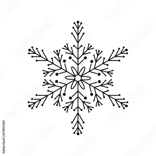 Snowflake vector icon. Snow sign and winter symbol. Black outline snowflake isolated on white background. Concept of holiday, cold weather and frost. Winter design element. Vector illustration