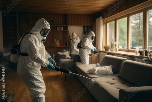 specialists in protective white sealed suits treat and disinfect surfaces in the room. concept of disinfection and virus control.  photo