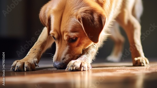 A dog sniffing the ground on a wooden floor, AI