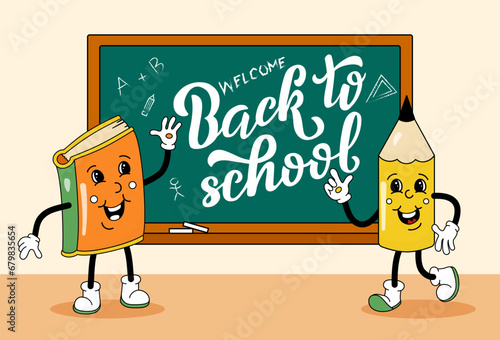 Comic flat yellow Pencil and orange Book with face at school blackboard. Vector cartoon stationery illustration with Back To School lettering. Image of school supply characters for poster or banner