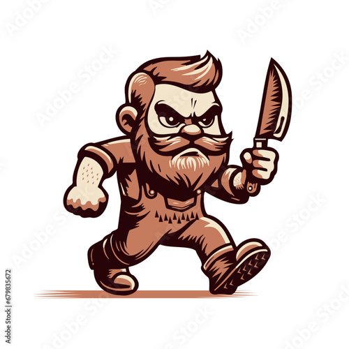 angry hunter mascot walking with a knife vector illustration