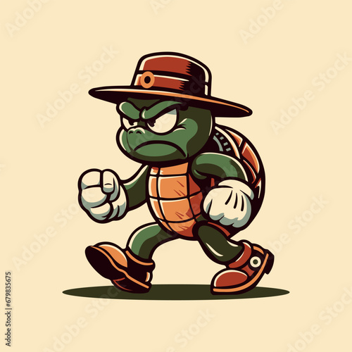 Vintage cartoon angry turtle, retro mascot design, vector illustration photo