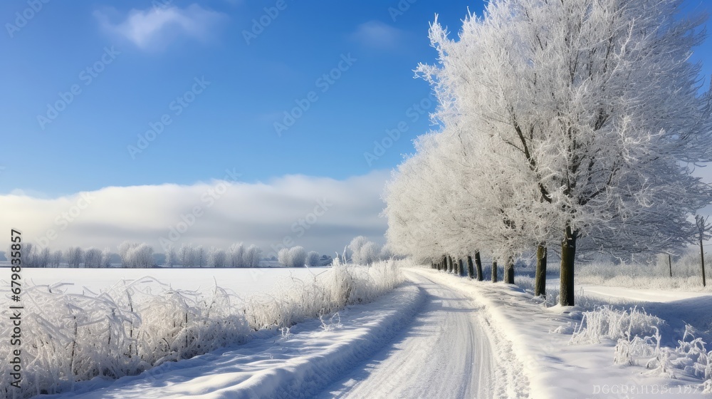 Dirt road leading to frosted woodland along snowy farmland under blue sky with white fluffy clouds