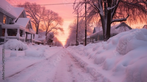 Unplowed uncleaned sidewalk by the road on a residential street completely covered after massive snow storm. Shot in the evening at sunset hour, bright pink orange sky in the background