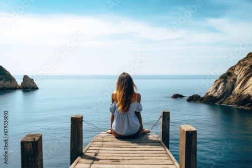 young woman sitting looking at the sea from behind © Adriana